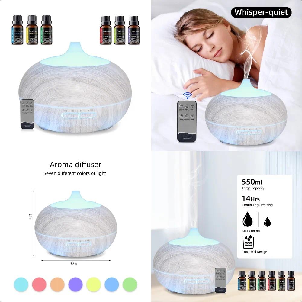 Relaxing Aromatherapy Diffuser for Home Office 550ml, Remote Control, 6 Oils, 7 LED Colors