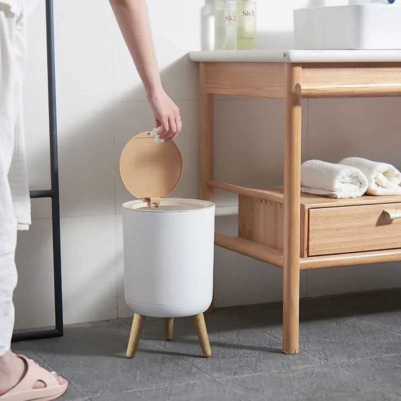 Household Creative Press-Type Living Room Toilet Bathroom High-Leg Imitation Wood Grain Trash Can with Lid C251120