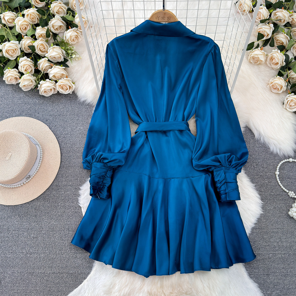 Women Senior Satin Sexy Dress Fashion Deep V Neck Bandage French Spring Lantern Sleeve Pleated Wrap Dress 241116