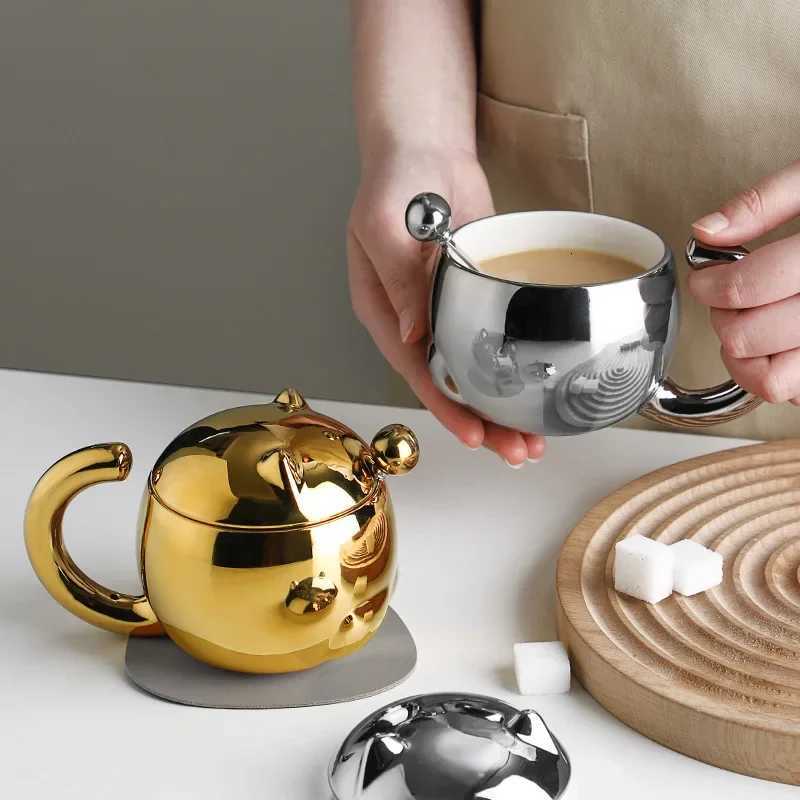 330ML Ceramic Couple Cup Gold Silver Creative Mug Water Cup Female Spoon With Lid Cartoon Coffee Cup Give Friends Gift Y251119
