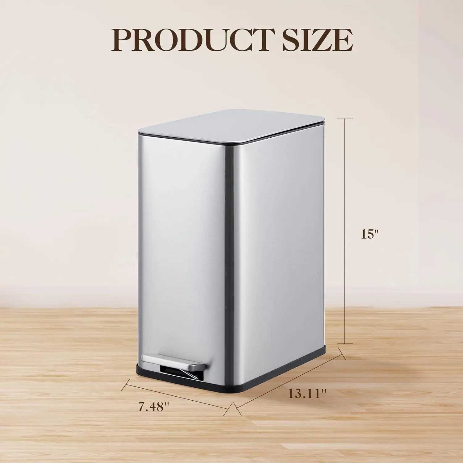 26 Gallon 10 L Trash Can Stainless Steel Kitchen Garbage Can Recycling or Waste Bin Soft Close Step-On Pedal Silver C251120