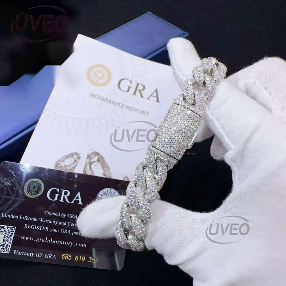 12mm Width Fashion Wholesale Price Sterg S Sier Iced Out Vvs Moissanite Dia Fine Hip Hop Jewelry Cuban k Chain Bracelet Men for Women