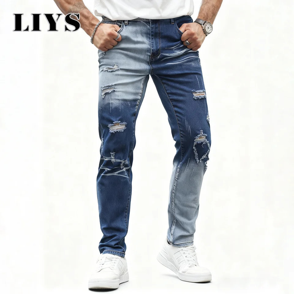 Mens Personalized Street Color Blocked Patchwork Jeans Straight Slim Denim HighQuality Four Seasens Elastic Pants 251218
