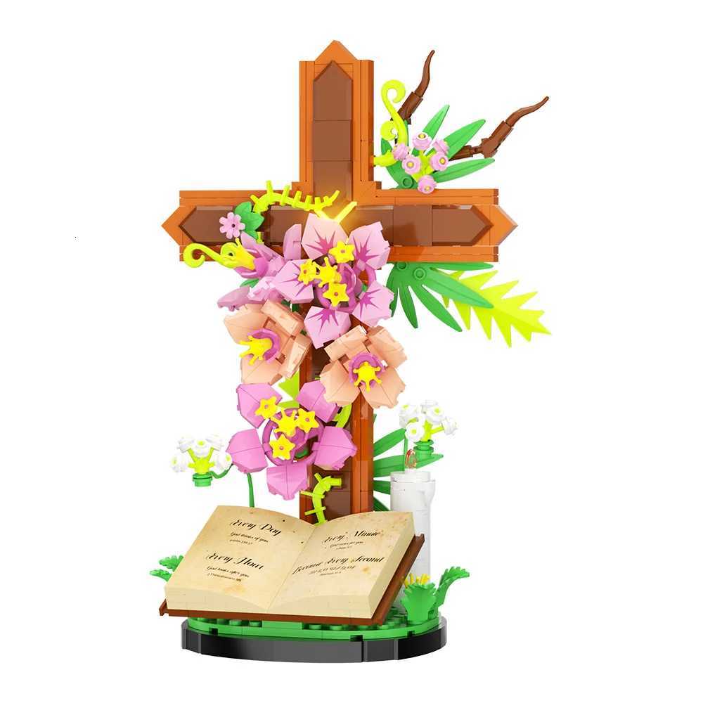 MOC Christianity Cross Flower Bouquet Building Blocks Model Sacred Bible Tulip Flowers Plant Bricks Assembly Toys Kids DIY Gifts W251120