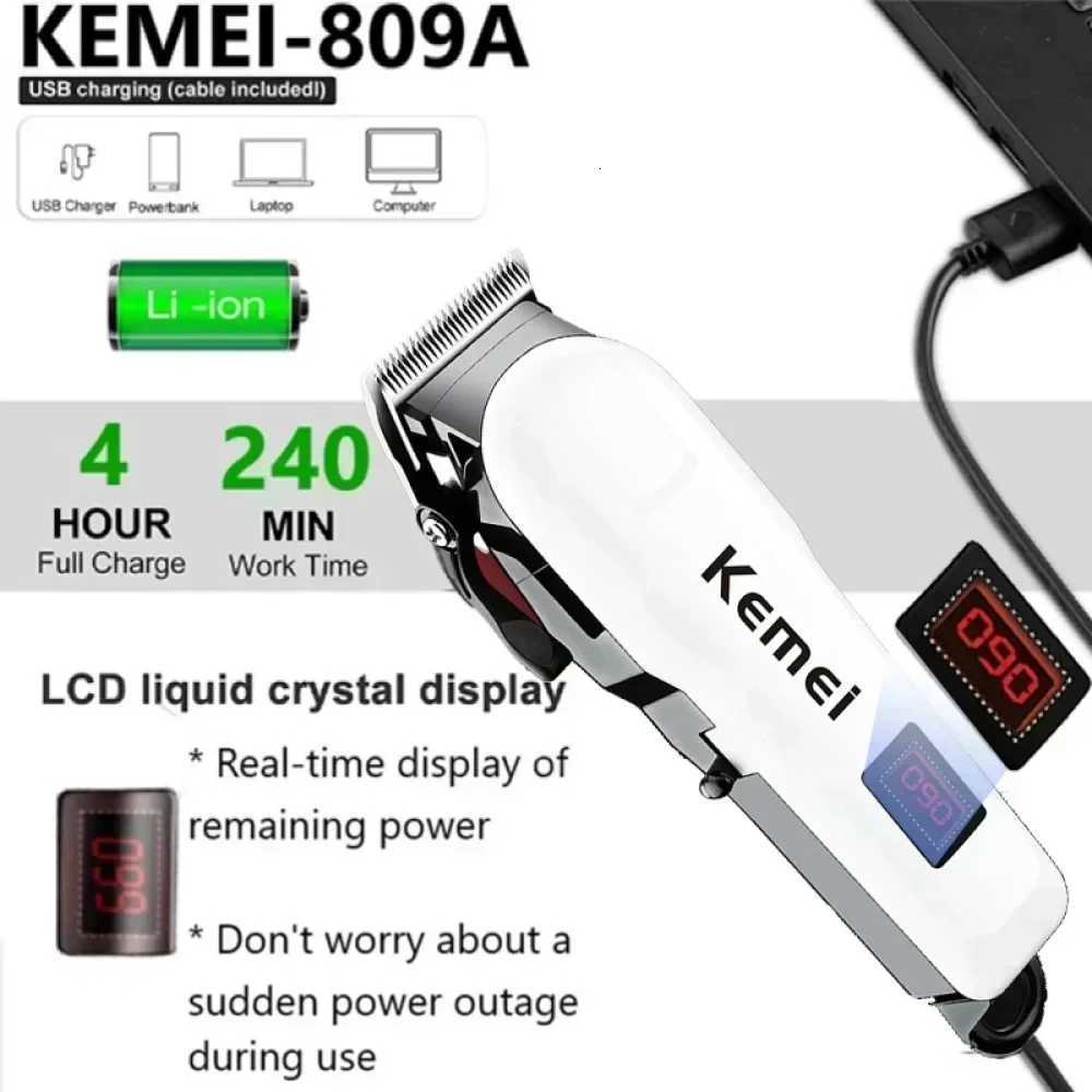 Kemei Hair Clipper KM-809A Washable Rechargeable Variable Speed Professional Barber Trimmer with Carbon Steel Cutter HeadT251120