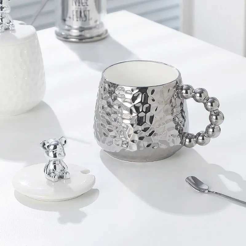 European Style Couple Ceramic Coffee Cup Galvanized Silver Bear Mug Gift Office Teacup Living Room Breakfast Mug Home Decoration T260428