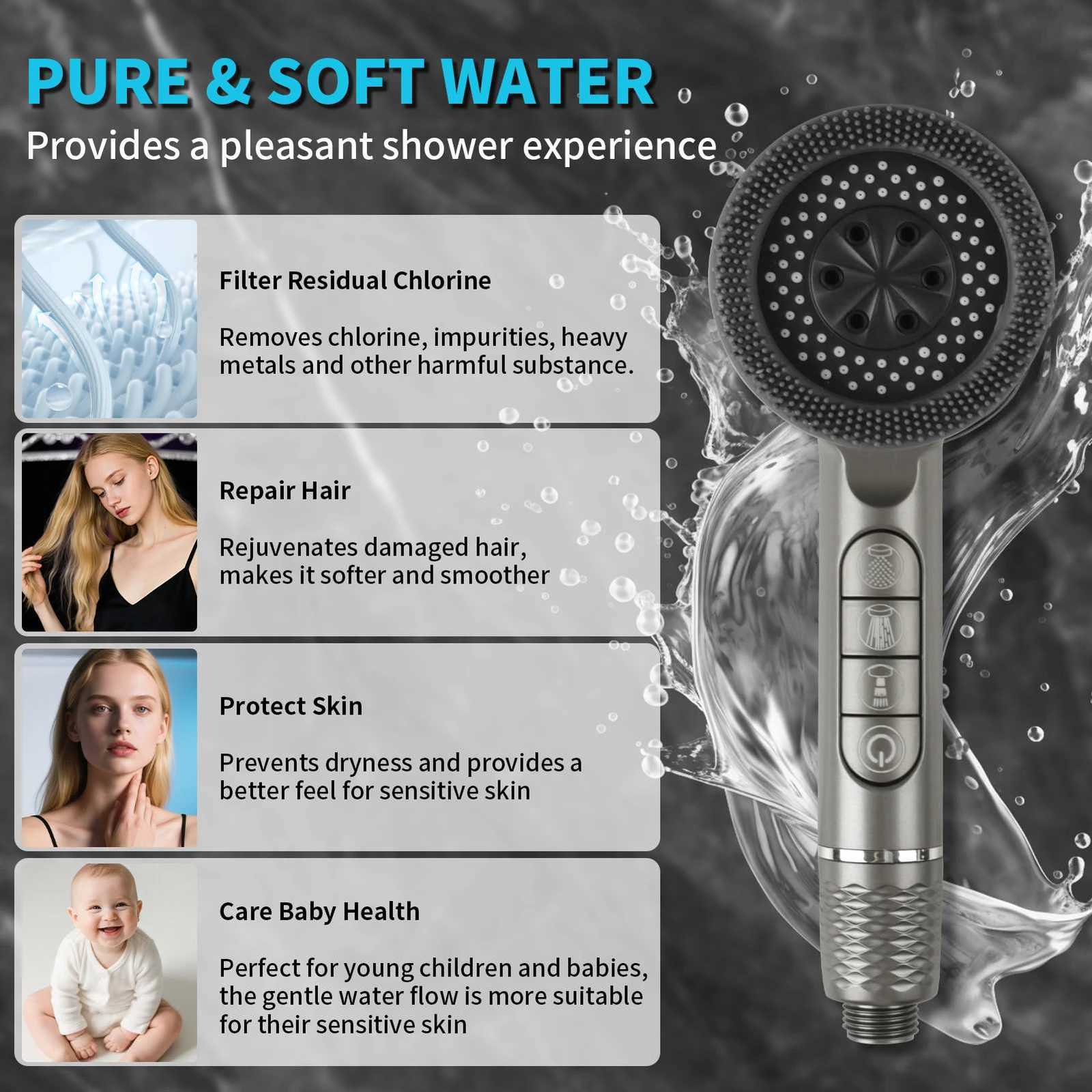 4 Modes Hard Water Filter Shower Head 15 Layers Filtration Water Saving High Pressure Shower Heads15m Hose with Pause SwitchM251120