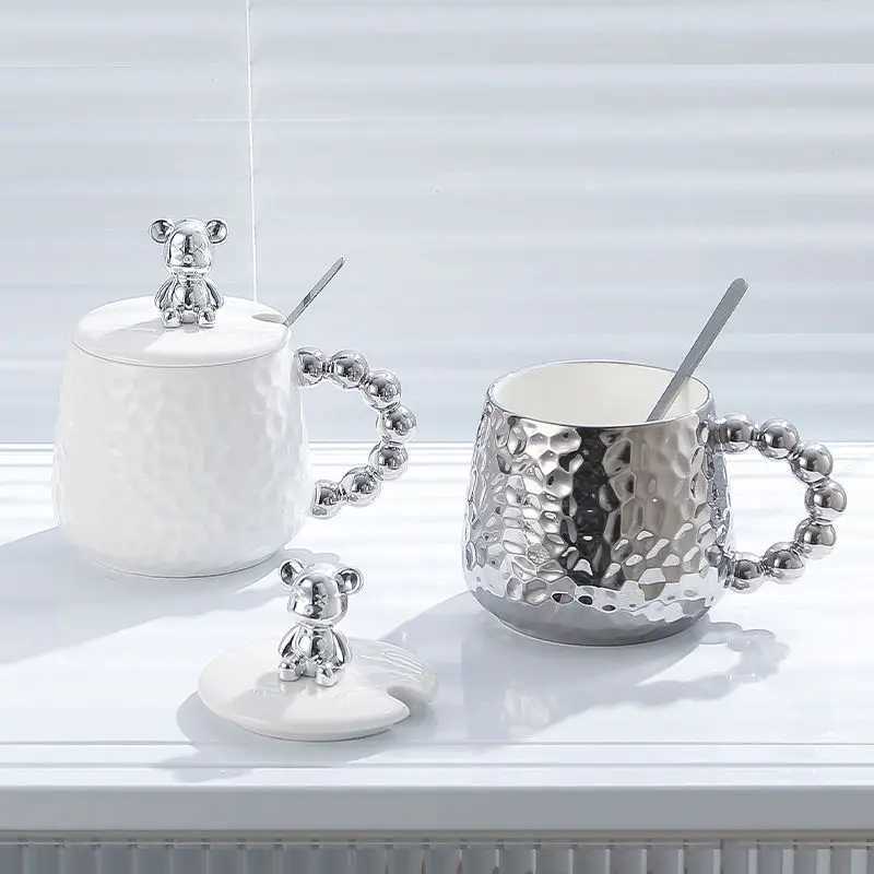 European Style Couple Ceramic Coffee Cup Galvanized Silver Bear Mug Gift Office Teacup Living Room Breakfast Mug Home Decoration T260428