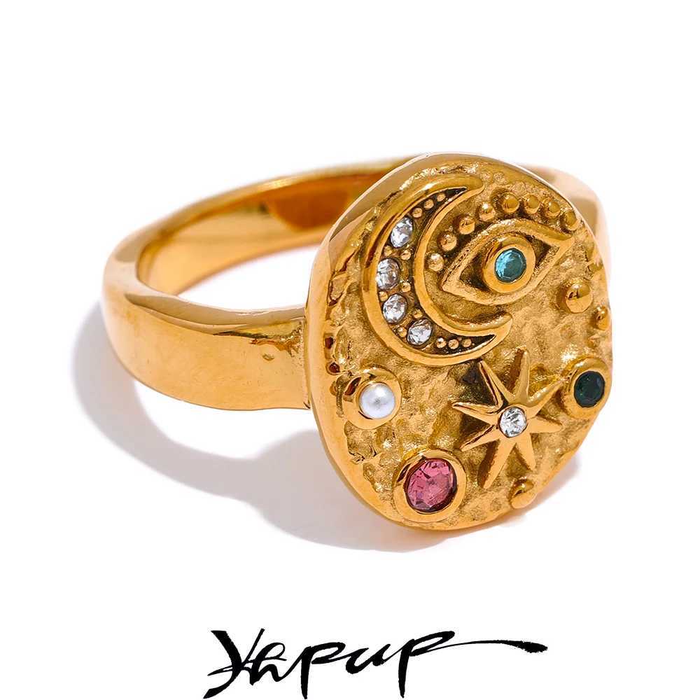 Yhpup Stainless Steel Star Moon Eye Talisman Ring Colorful CZ Zirconia 18K Gold High Collar Celestial Jewelry Womens Event Y250419