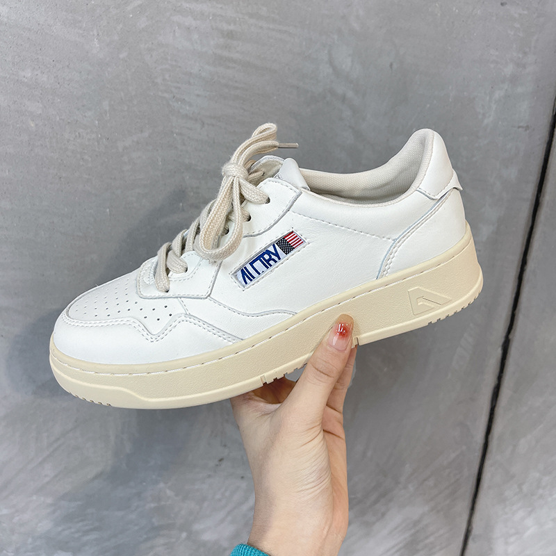 Women's Genuine Leather Platform White Sneakers Korean Niche Versatile Lace-Up Trainers Outdoor Board Shoes Platform Footwear