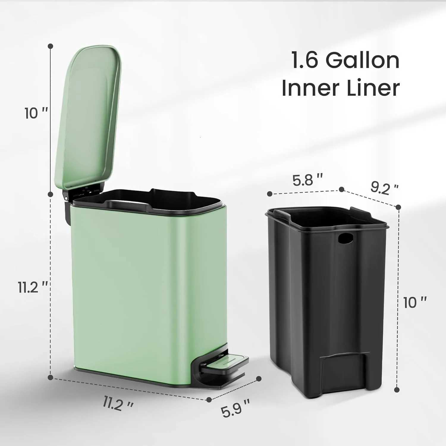 Small bathroom trash can with lid soft lid foot pedal 6 liters/16 gallons stainless steel matte green C251120