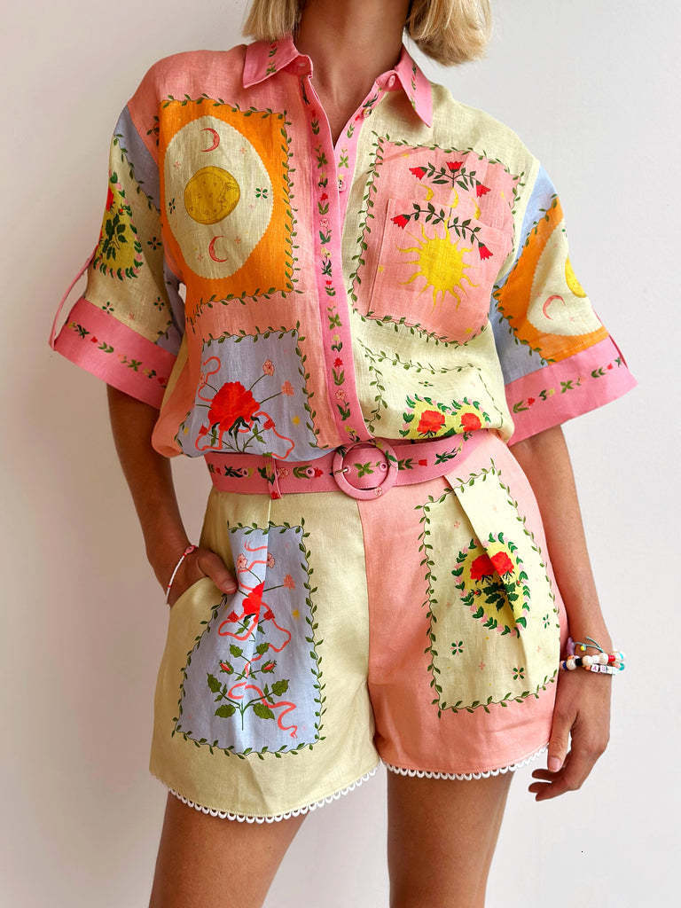 2025 New Two pieces Shorts Set Leisure Fashion Linen Temperament Shirt Girl Printed shirt Top Fashion Clothes