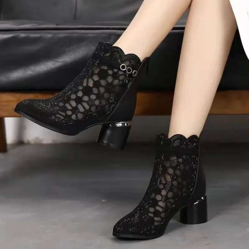 Women's Airy Mesh Breathable with Western Denim Mid Sleeves Square Toe Thick Heel Versatile Short Boots