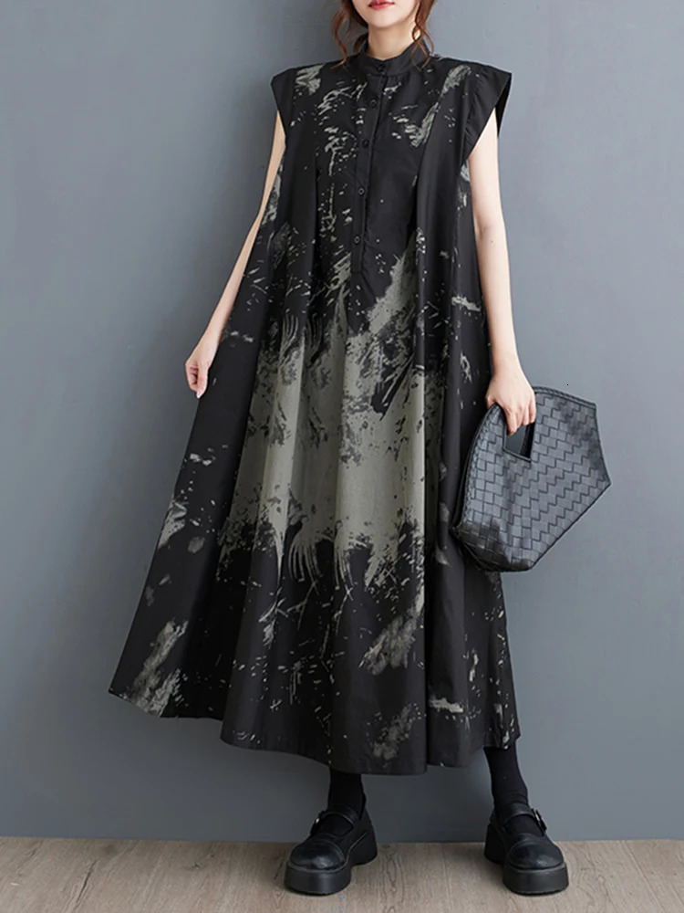 Summer Black Retro Printed Sleeveless Womens Stand Collar Loose Casual Long Skirt Fashionable and Elegant Clothing 250420
