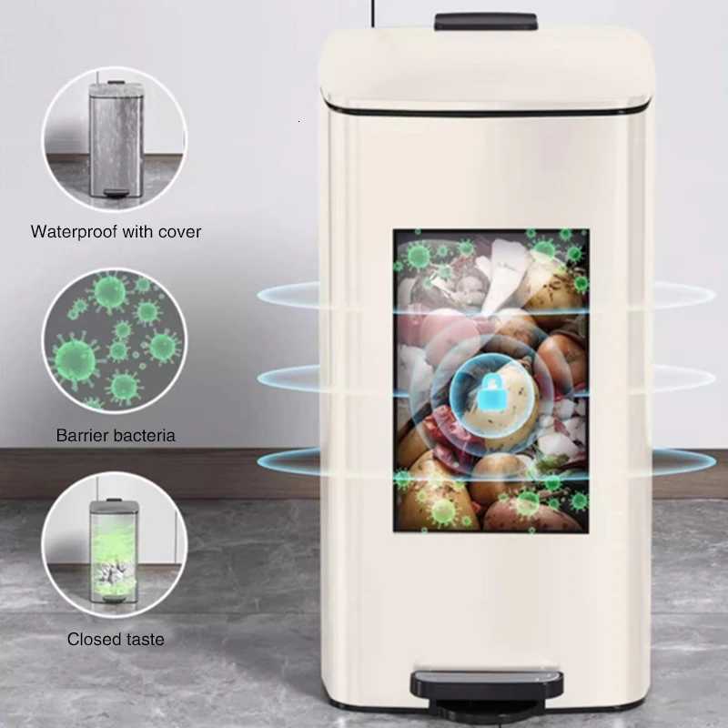 6L Square Thin Lid Trash Can Stainless Steel with Double Inner Outer Buckets for Living Room Kitchen and Office Storage C251120