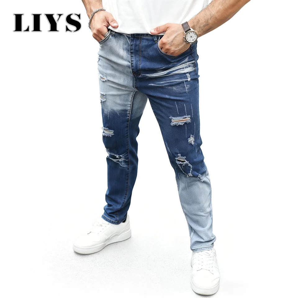 Mens Personalized Street Color Blocked Patchwork Jeans Straight Slim Denim HighQuality Four Seasens Elastic Pants 251218