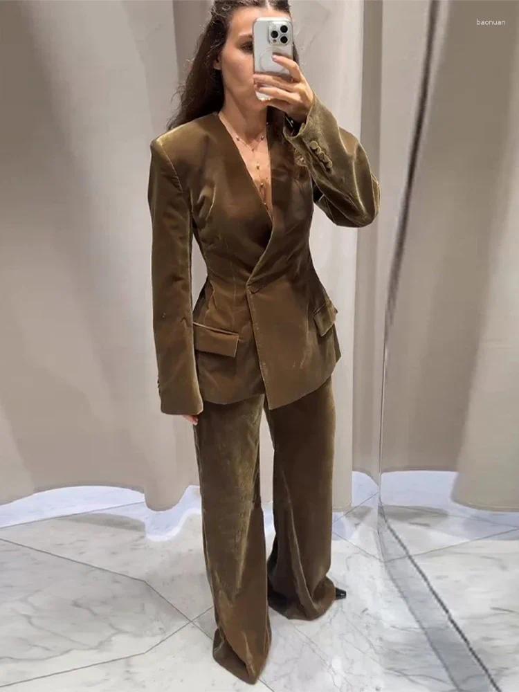 Womens Velvet Two-Piece Suit Casual Wide Leg Pants & V-Neck Single Button Blazer Set - Fashionable Workwear for Women 2025 C260312
