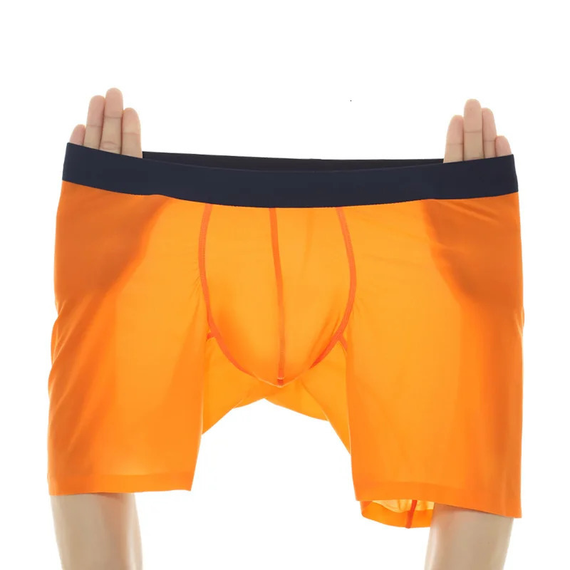 Sexy Mens Underwear Ice Silk Ultra Thin Long Leg Boxing Shorts Breathable Raised Pocket Length 250417
