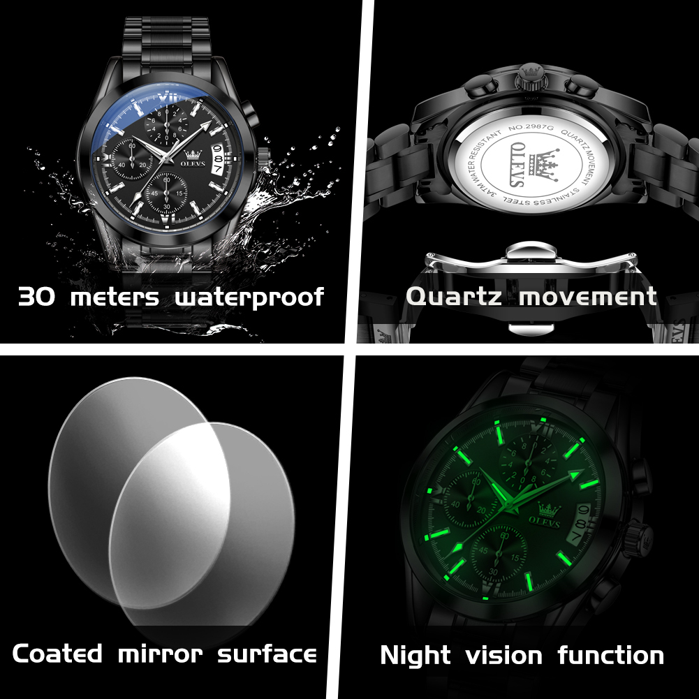OLEVS Designer Men's Watches Three-eye Multi-functional Fashionable Steel Band Waterproof Quartz Men's Watches Luxury Watches Free Delivery 