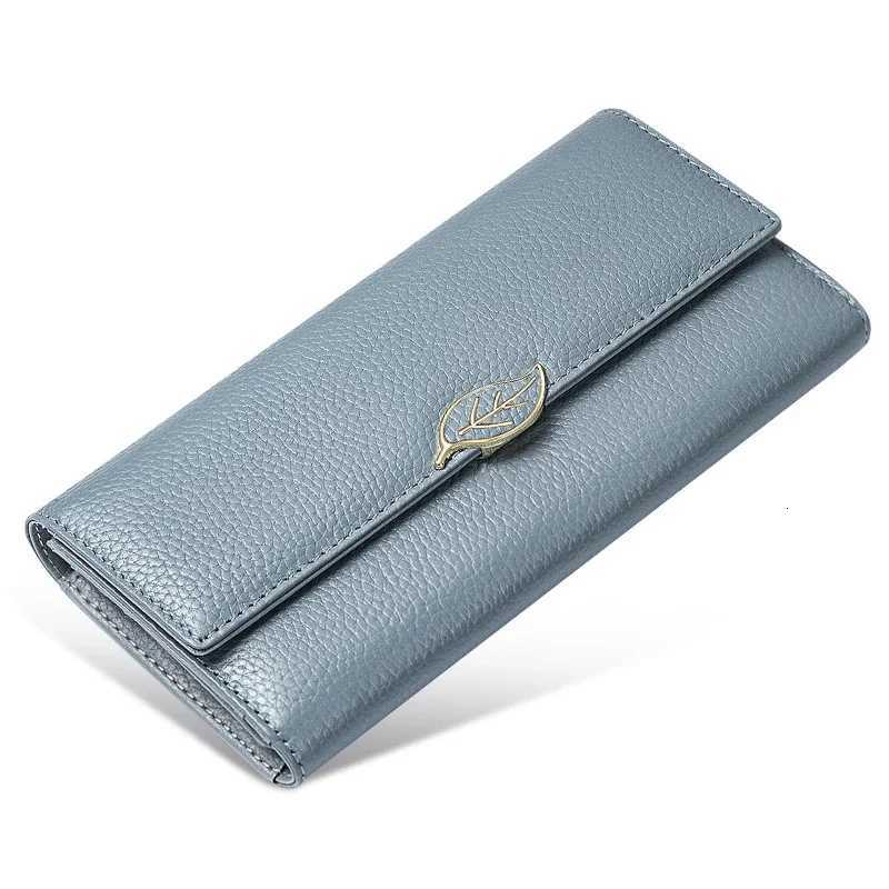 New Fashion Women Wallet with Metal Leaf Luxury Genuine Leather Long Wallets Rfid Card Holder Purse Blue Clutch Bag for LadiesW251120