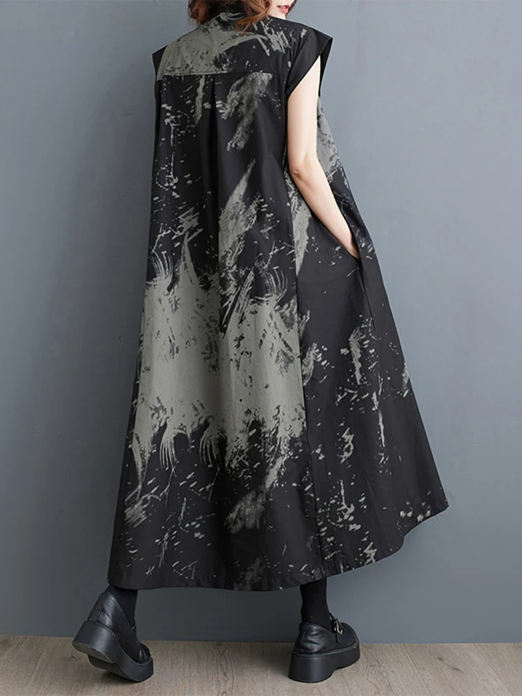 Summer Black Retro Printed Sleeveless Womens Stand Collar Loose Casual Long Skirt Fashionable and Elegant Clothing 250420