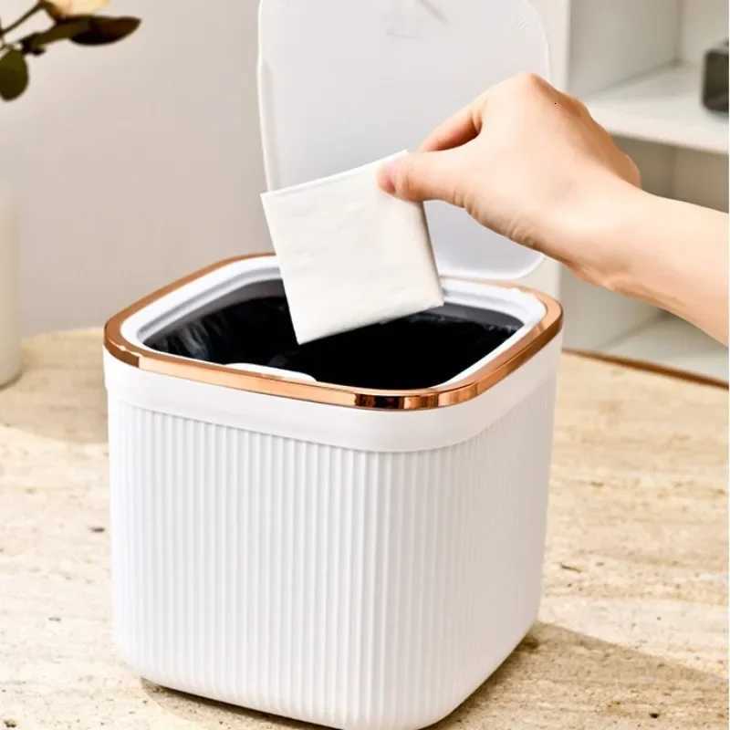3L Square Press Type Mini Trash Can Quiet Close Elegant Ribbed Design with Golden Accents Plastic Desktop Bin Bathroom Home Use C251120