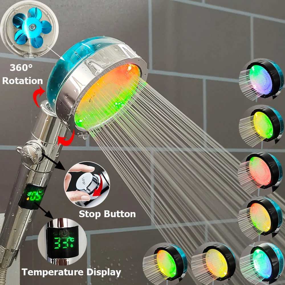 3/7 Colors Changes Led Shower Head with Propeller Stop Button Turbocharging High Pressure Showerhead Temperature Display ShowerM251120