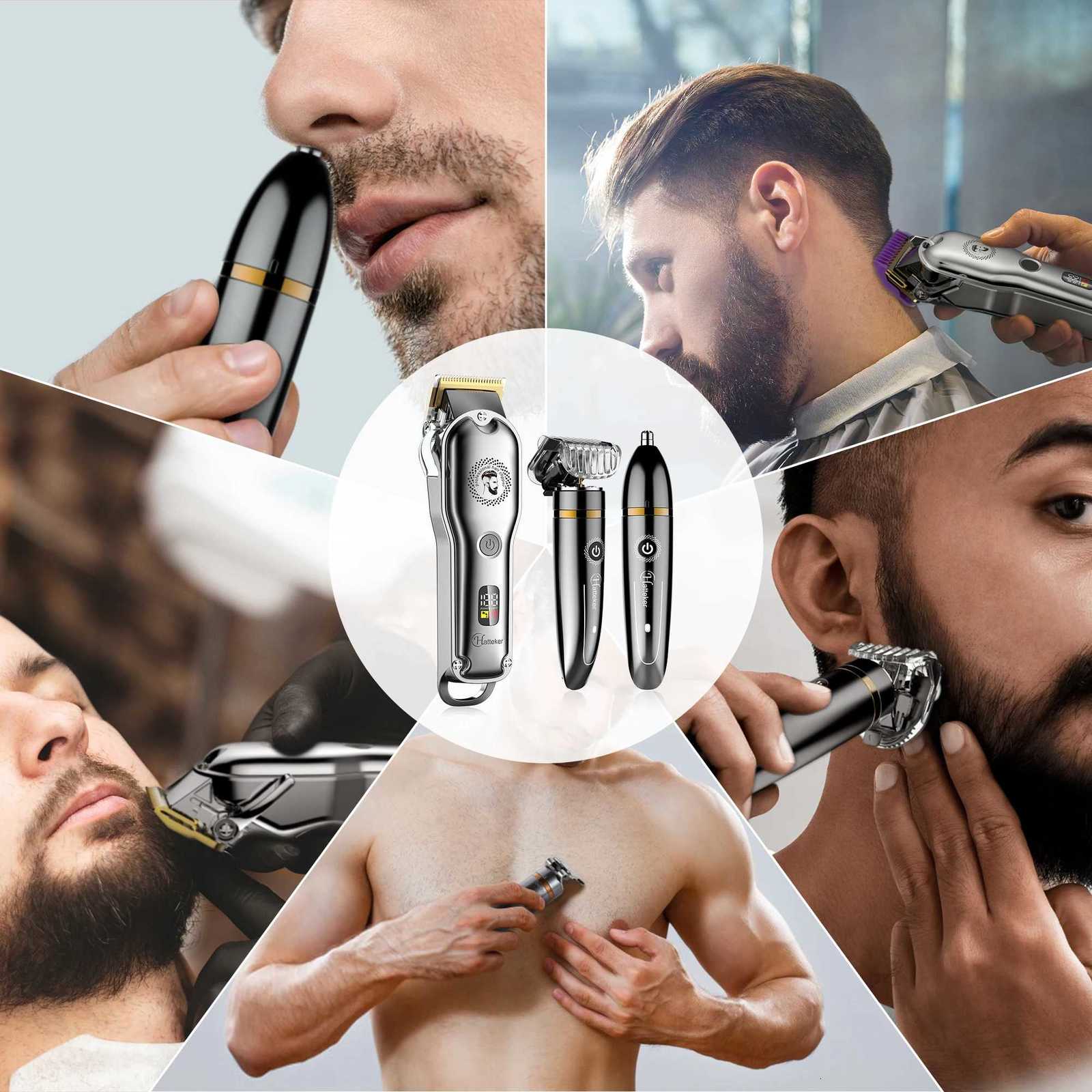 HATTEKER Professional Hair Trimmer Kit Barber Shop Strong Power Beard Clipper USB Rechargeable Waterproof 3 Pieces Suit RFC-696T251120