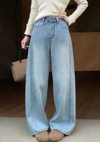 Light blue high-waisted wide-leg denim pants for women in autumn/winter 2025 new style with added insulation, straight-leg pants H251120