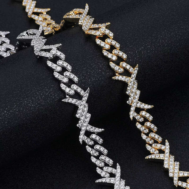 10mm Hip Hop Punk Sterling Sier Iced Out Barbed Wire Knot Thorn Moissanite Cuban Link Chain