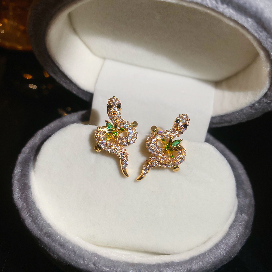 14K Real Gold Plated Silver Needle Oil Drop Zircon Snake Light Luxury High-end Earrings Design Sense Niche Ear Jewelry - view 3