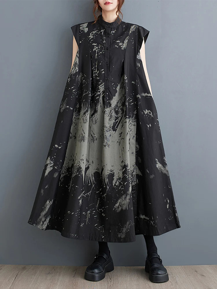 Summer Black Retro Printed Sleeveless Womens Stand Collar Loose Casual Long Skirt Fashionable and Elegant Clothing 250420