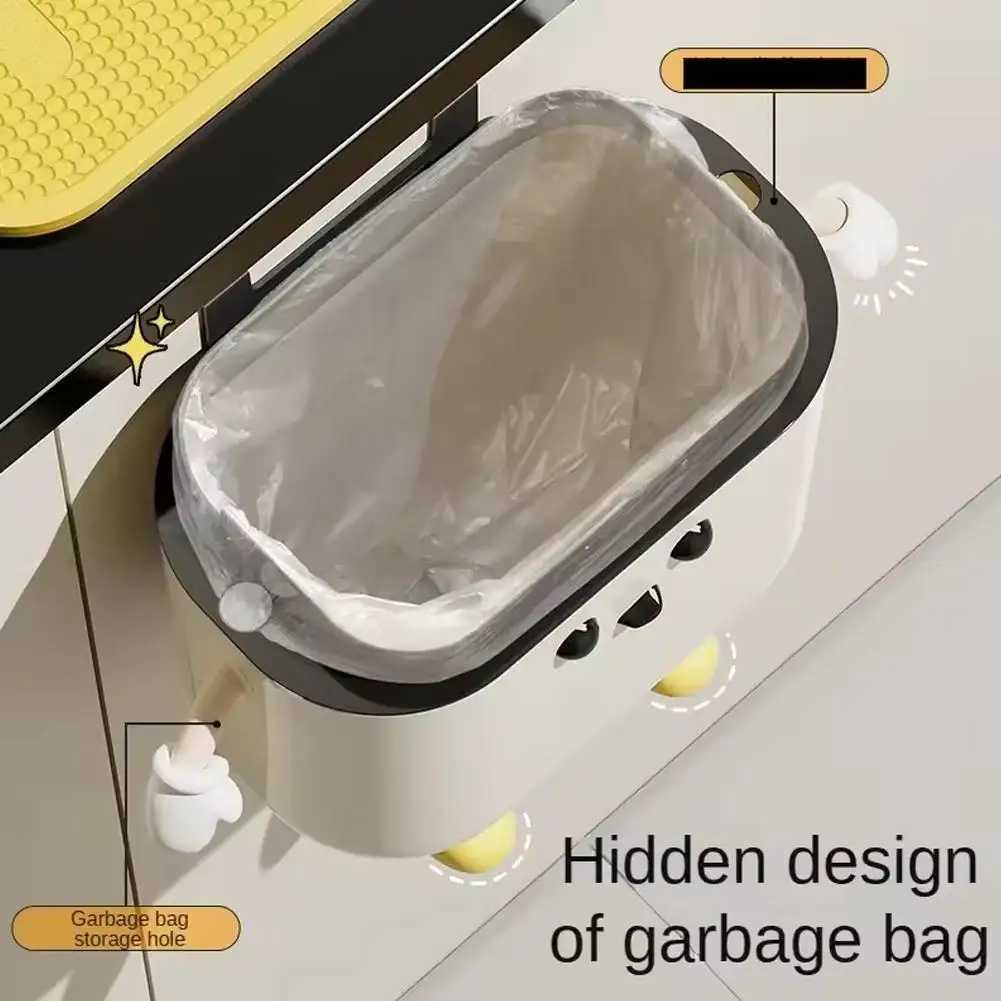 1pc Cute Cartoon Hanging Trash Can With Lid Large Capacity No-Drill Wall Mounted Waste Bin For Kitchen Bathroom C251120