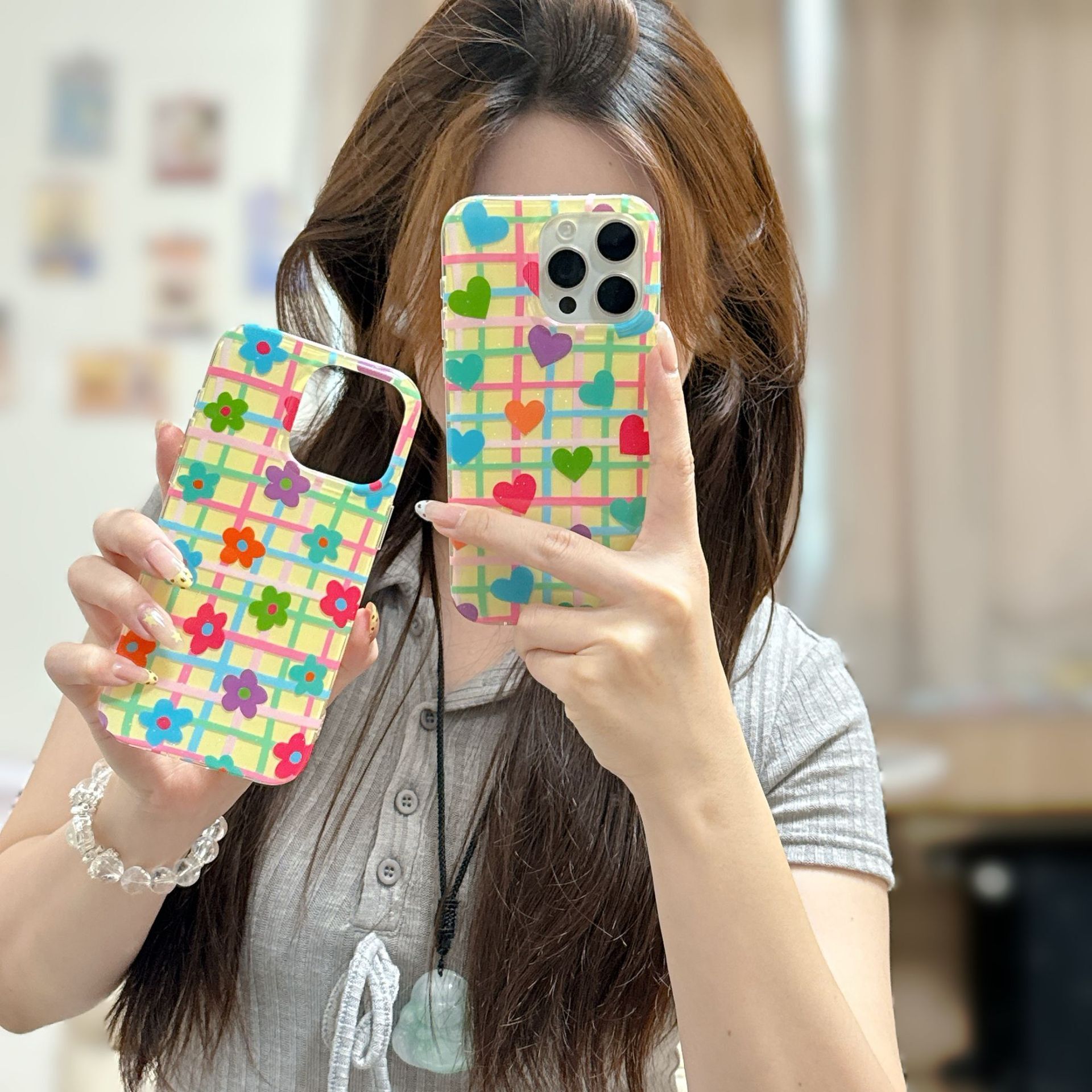 Colorful Plaid Flower Heart Phone Case Suitable iPhone 16/15 Pro Max INS Half Cover for iPhone 14/13 Pro