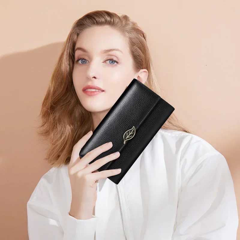 New Fashion Women Wallet with Metal Leaf Luxury Genuine Leather Long Wallets Rfid Card Holder Purse Blue Clutch Bag for LadiesW251120