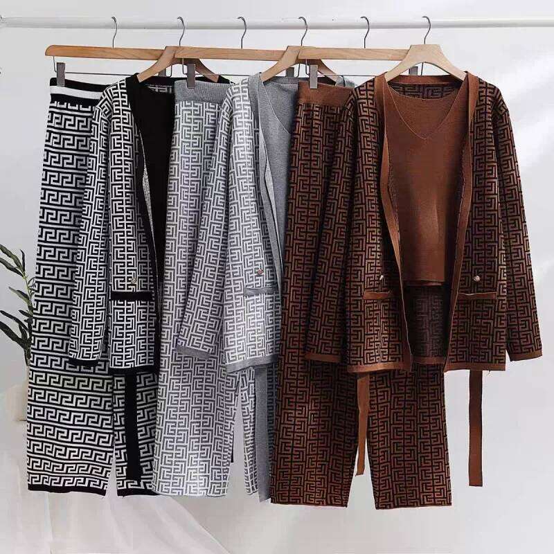 Fashionable Knitted Set Casual High Waist Wide Leg Pants V-Neck Waist-Cinching Belted Open Cardigan Top Three-Piece Women's Ense