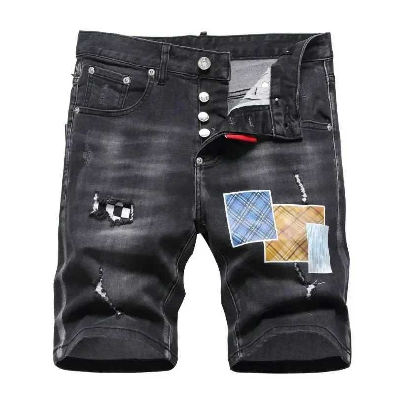 New summer Italian street style mens black denim shorts with high-quality elasticity suitable for tearing denim shorts size 42XJ250419