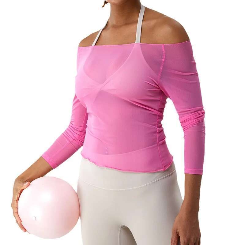 Sexy Net Yarn Patchwork Yoga Crop Tops Women Gym Fiess Running Long Sleeve Sport T Shirts Female Tight Dance Training Clothing