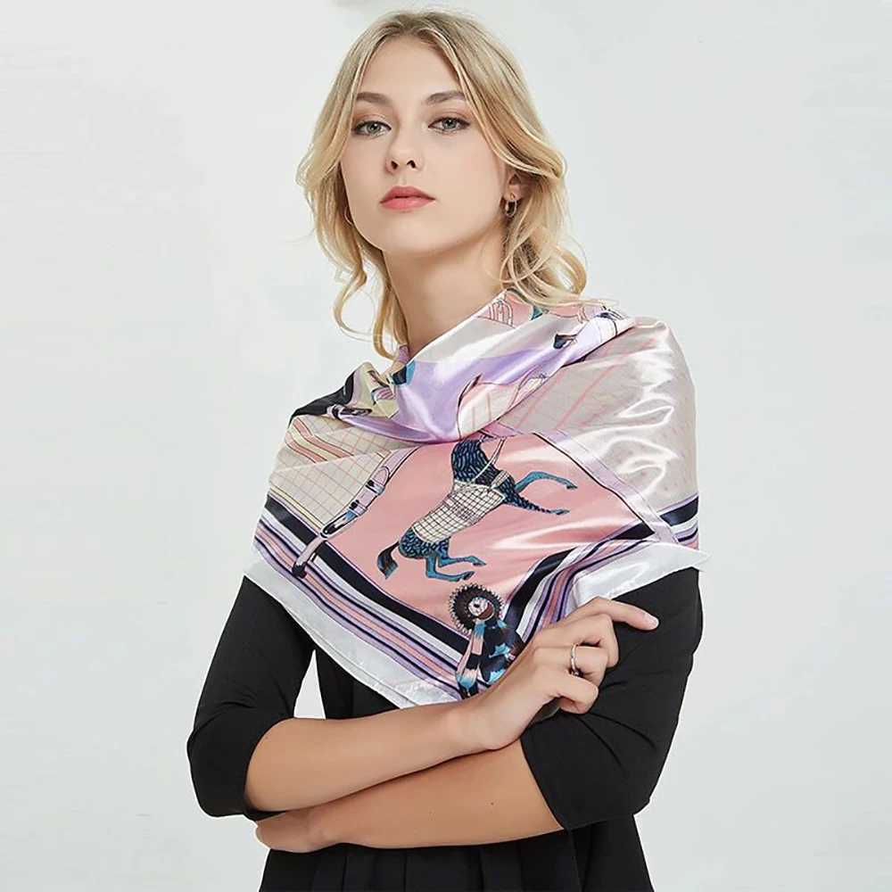 Europe 2022 Spring Lattice horse 9090cm Lmitation Silk Large Square Scarf Womens Accessories Head Scarf Beach Shawl ScarfT251120
