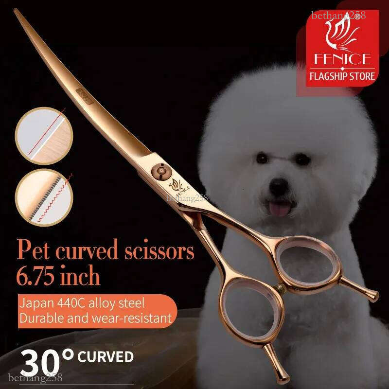 Fenice Professional 6.57 Inch Pet Curved Grooming Scissors serrated blade with saw Pet Scissors Shears for Dogs Cats JP440C 240807