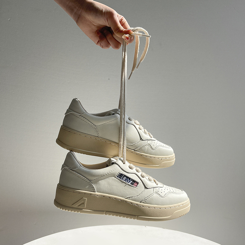 Women's Genuine Leather Platform White Sneakers Korean Niche Versatile Lace-Up Trainers Casual Board Shoes Platform Footwear