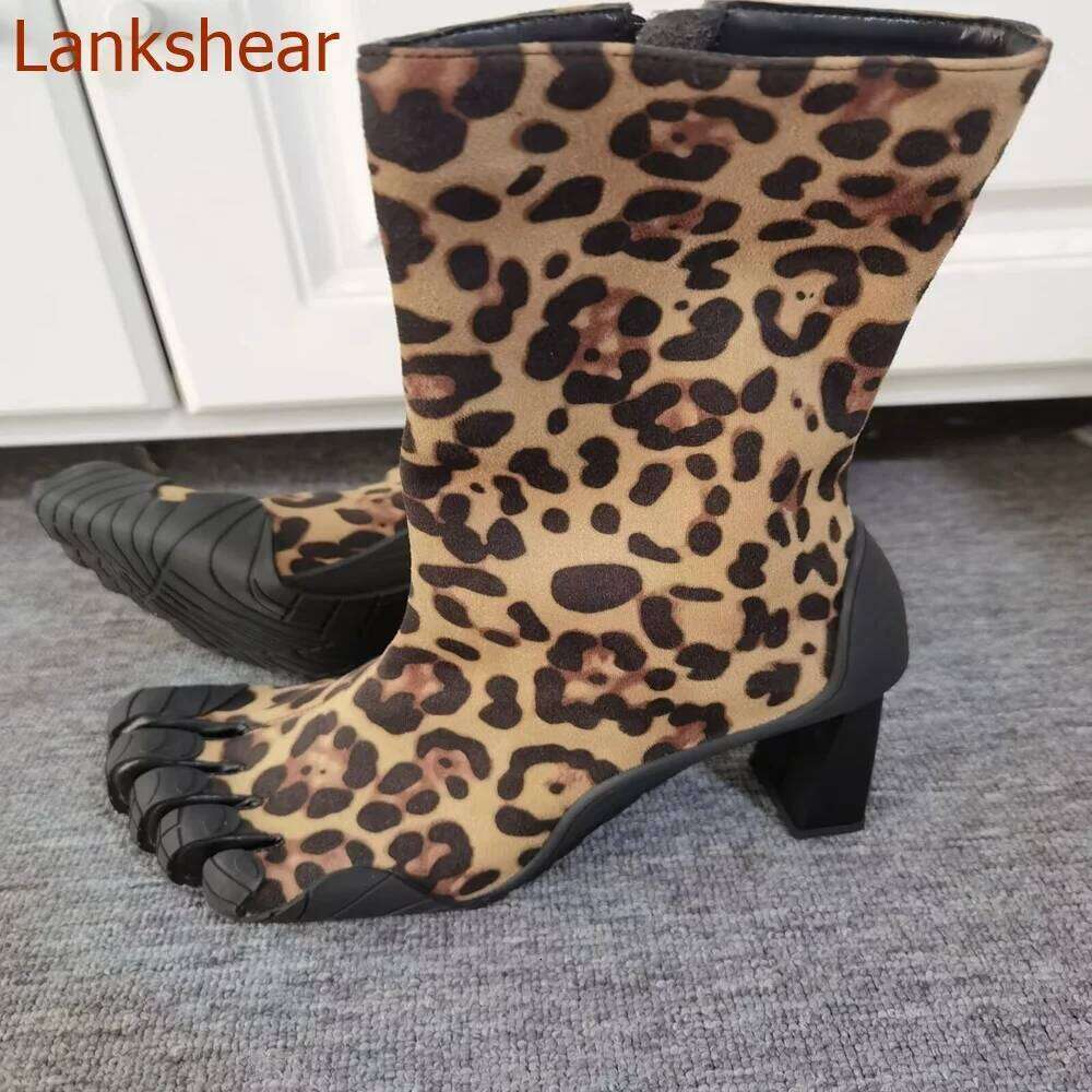 Split Toe Boots Square Heel Modern Side Zipper Mixed Color Mid Calf Fashion Sexy Women Shoes 2024 New Arrivals