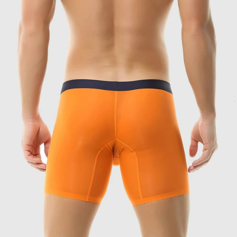 Sexy Mens Underwear Ice Silk Ultra Thin Long Leg Boxing Shorts Breathable Raised Pocket Length 250417
