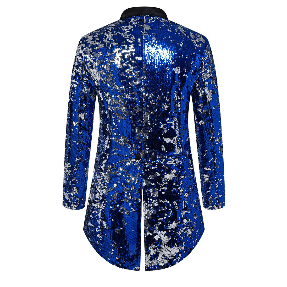Blue metal shiny sequin tailcoat for men performance party dress jacket fashionable long cardigan wool sweater set red gold Trail Blazer 250418