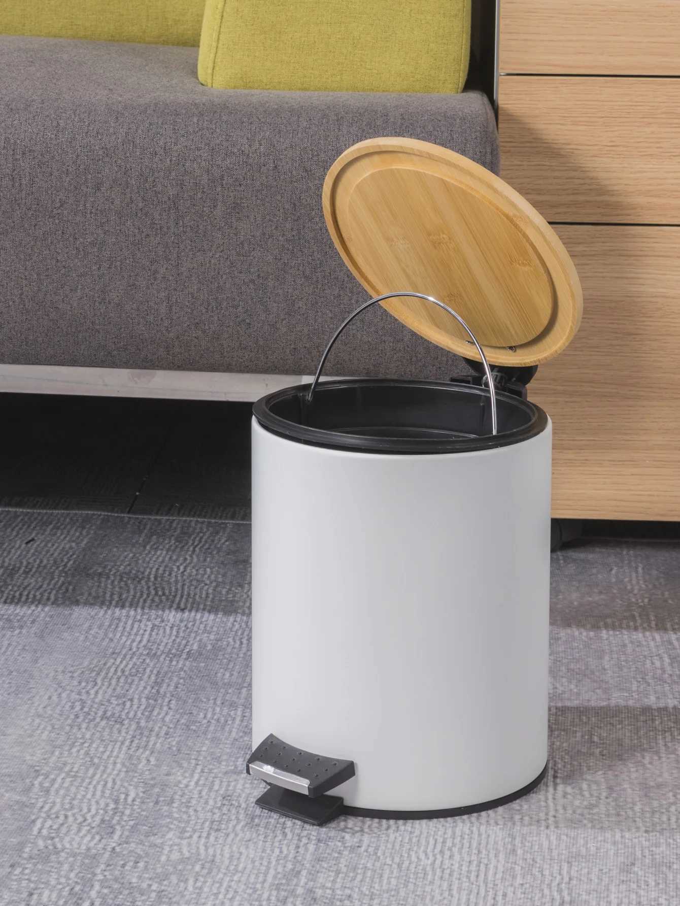 Room White Round Metal Trash Can with Bamboo lid and Pedal 5L Garbage Container Bin with Removable Inner Wastebasket Bathroom C251120