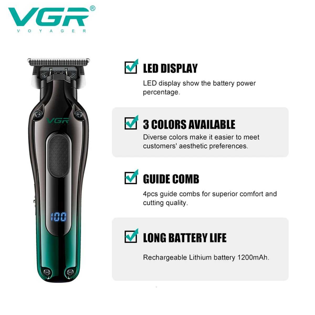 VGR 998 New Design Mens Cordless Rechargeable Professional Hair Clipper Gradient Color Precision Carving Electric Push ClipperT251120