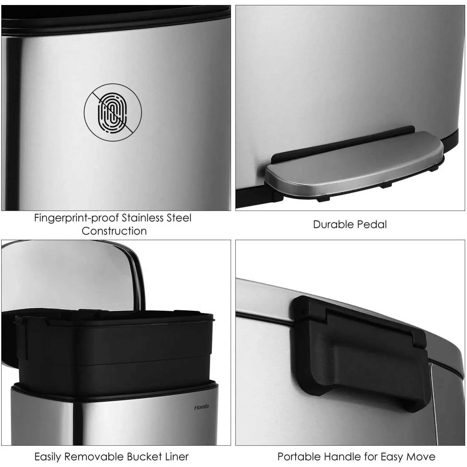 Step Kitchen Trash Can Stainless Steel 50 Liter Trashcan for Home Office Bedroom Garage Living Room Bathroom C251120