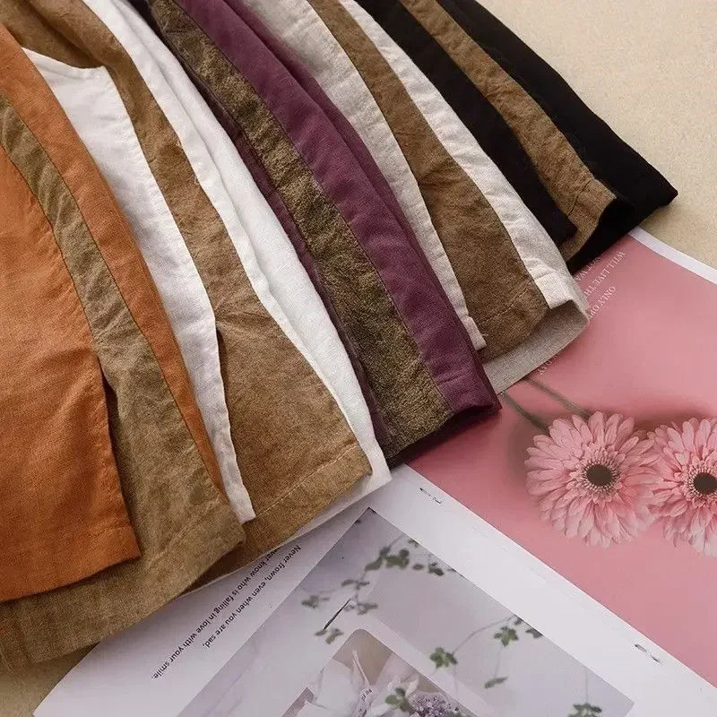 Orange linen solid casual elastic high waisted womens shorts loose wide leg womens clothing shorts 2025 summer fashion 250414Z