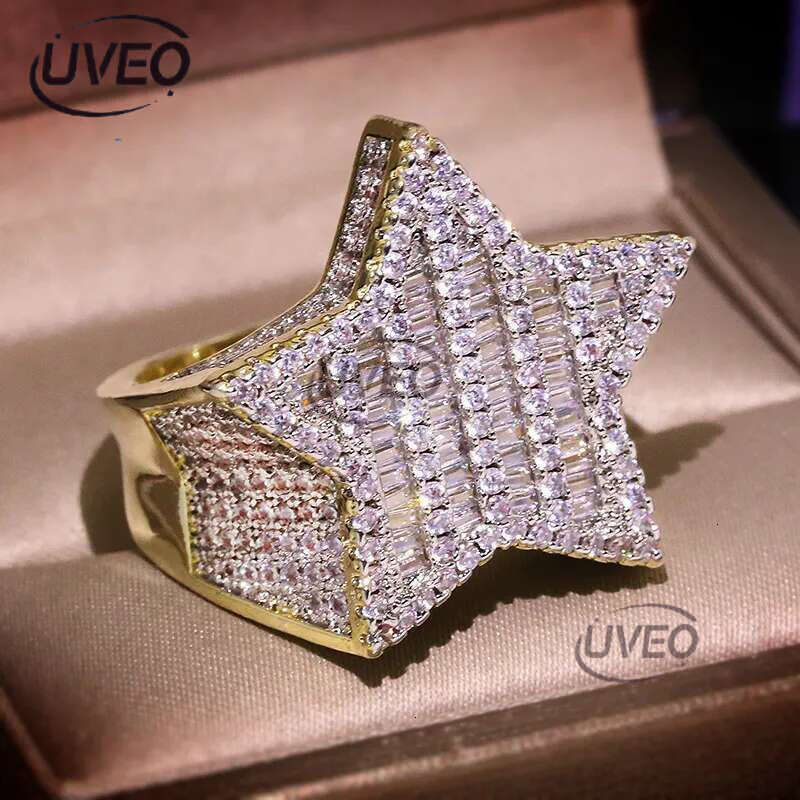 Men's Iced Gold Pentacle Ice Out VVS Moissanite All-Gem Ring Hip Hop Ring Jewelry Free shipping