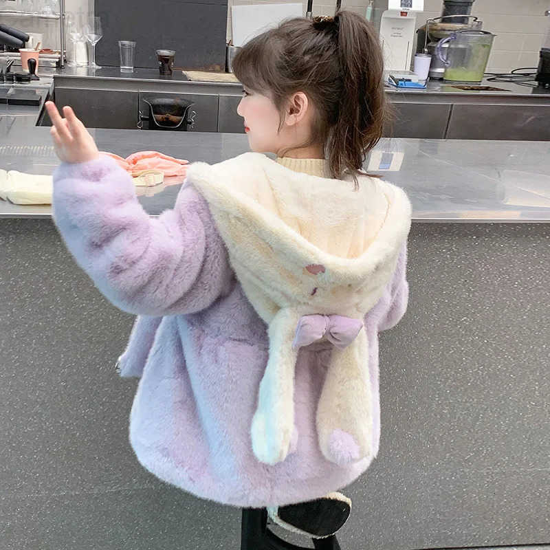Sanrio Kawaii Cinnamoroll Kids Plush Jacket Hooded Anime Sanrios Cartoon Winter Girl Fashion Sweet Warm Mink Fur Hooded Coat Outdoors H251120
